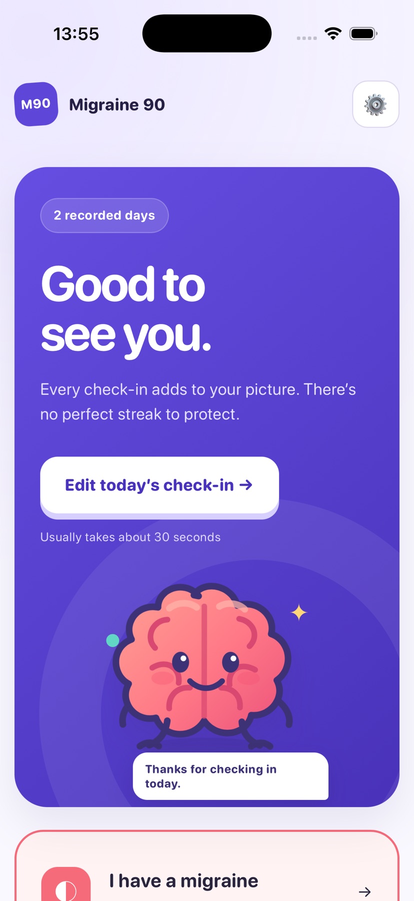 Migraine 90 app home screen showing a completed daily check-in and Milo, the brain companion